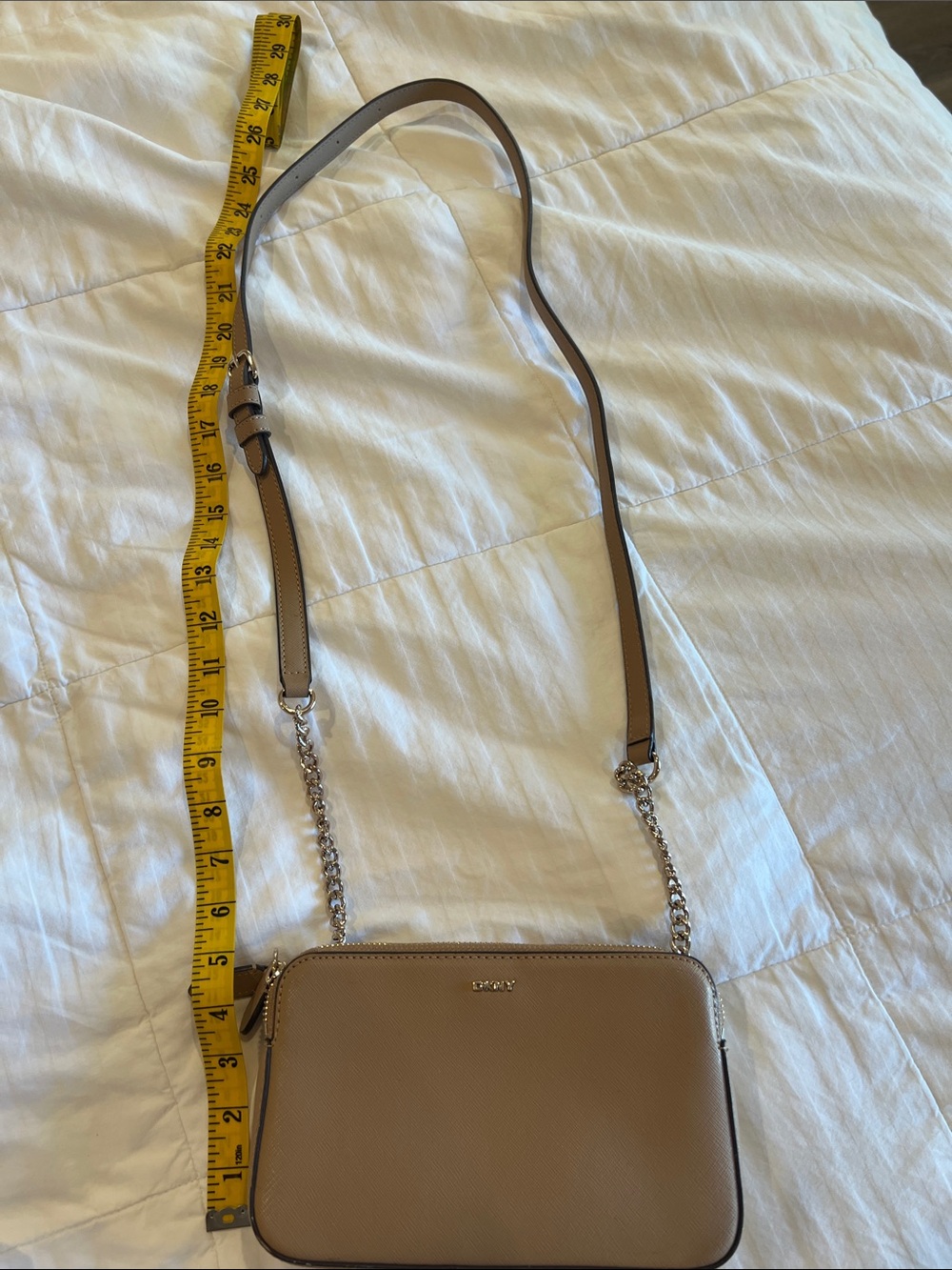 DKNY Taupe Saffiano Crossbody with Silver Chain Strap